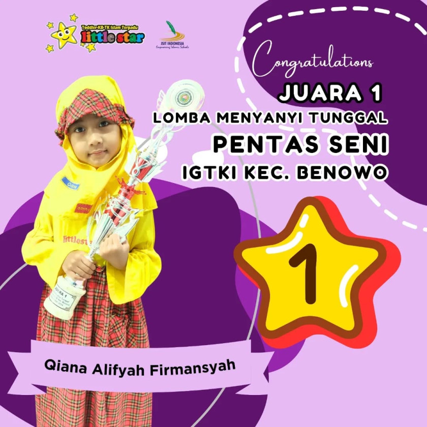 Selamat kepada Ananda Qiana Alifyah Firmansyah yang telah meraih Juara 1 pada Lomba Menyanyi Tunggal - IGTKI Kecamatan Benowo 2024