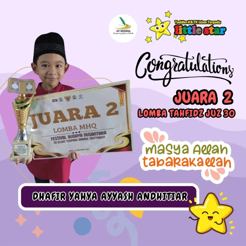 Selamat untuk Ananda Dhafir untuk Prestasi Juara 2 Lomba MHQ di Festival Budaya Nusantara SD Islam Terpadu Daarul Muttaqien